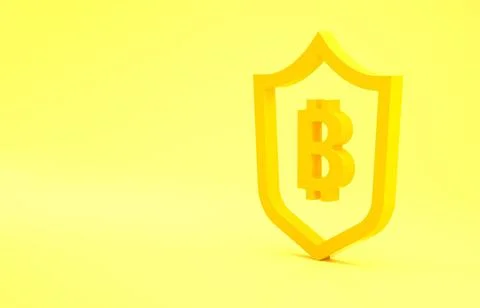 Yellow Shield with bitcoin icon isolated on yellow background. Cryptocurrency Illustrazione stock