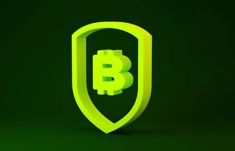 Yellow Shield with bitcoin icon isolated on green background. Cryptocurrency  Illustrazione stock