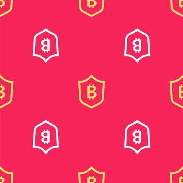 Yellow Shield with bitcoin icon isolated seamless pattern on red background Stock Illustration