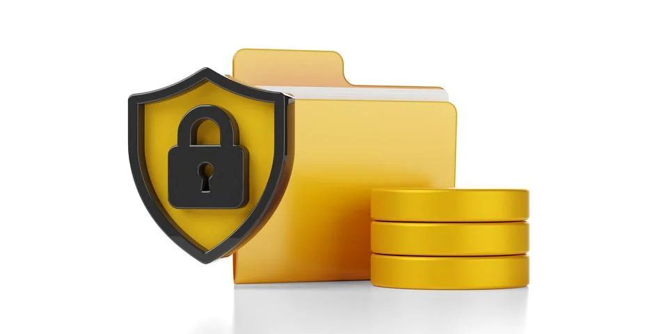 Yellow shield with padlock in front of folder and stylized file server or d.. Stock Illustration