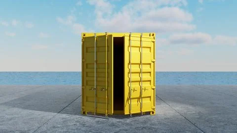 Yellow shipping container open at the dock by the sea Stock Illustration