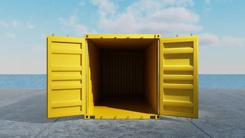 Yellow shipping container open at the dock under blue sky Stock Illustration