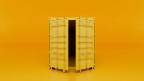 Yellow shipping container with open doors on orange background Illustrazione stock