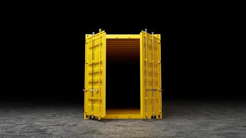 Yellow shipping container with open doors on a dark background Illustrazione stock