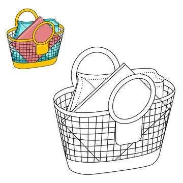 Yellow shoping plastic basket bag of beach towels and book coloring page. Shoopi Stock Illustration