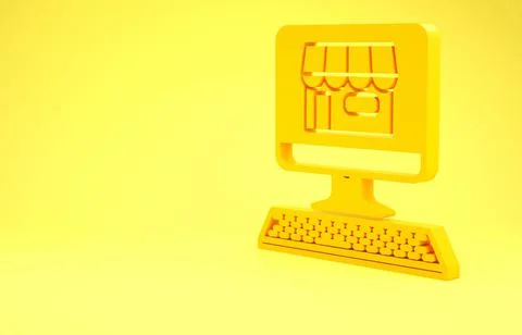 Yellow Shopping building on screen computer icon isolated on yellow backgroun Ilustración de archivo