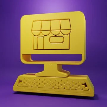 Yellow Shopping building on screen computer icon isolated on purple backgro.. Ilustración de archivo