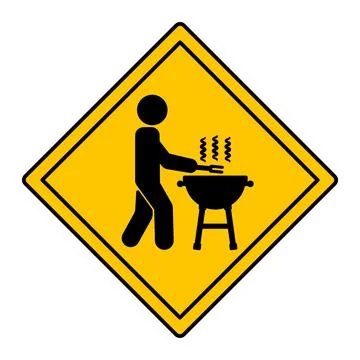 Yellow Sign BBQ Zone. Warning Road Sign. Grilling Meat Allowed. Man Cooking.. Stock Illustration