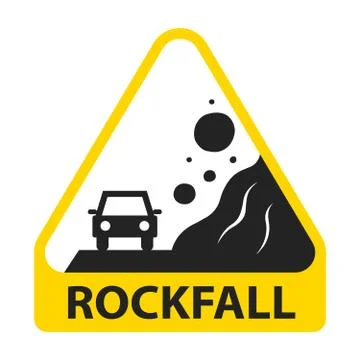 Yellow sign caution rockfall. stone falls on a car. Stock Illustration