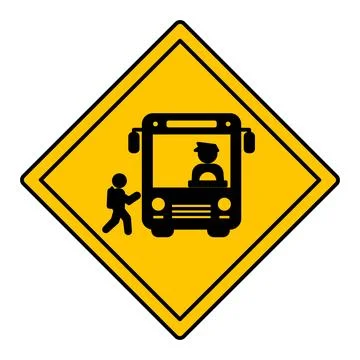 Yellow Sign School Bus Warning. Road Sign. Bus Stop. Schoolboy Entering Sch.. Stock Illustration