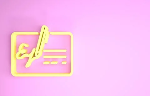 Yellow Signed document line icon isolated on pink background. Pen signing a c Stock Illustration
