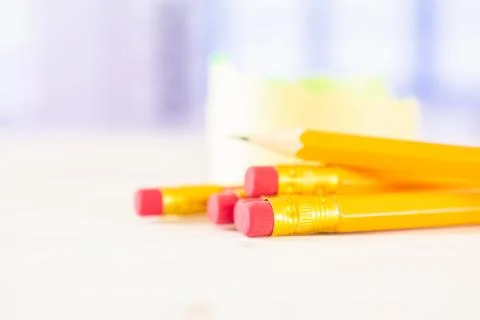 Yellow simple pencil with blue window Foto stock