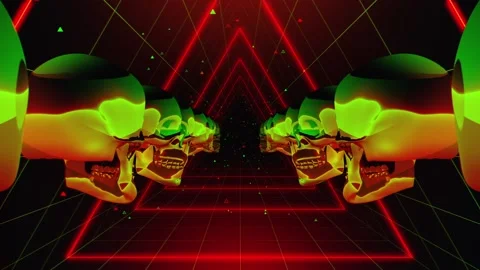 Yellow skulls spinning in a red triangular VJ tunnel loop Stock Footage 234321251