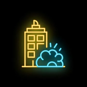 Yellow skyscraper under construction with a blue smoke cloud in neon style Stock Illustration