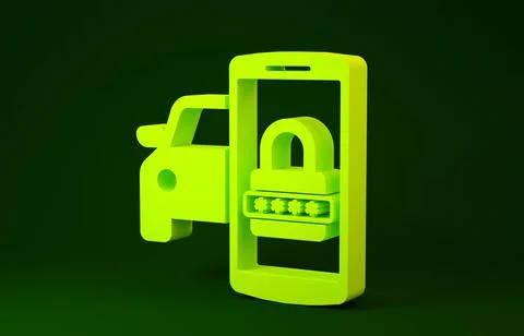 Yellow Smart car security system icon isolated on green background. The smart Illustrazione stock