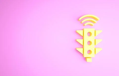 Yellow Smart traffic light system icon isolated on pink background. Internet  Illustrazione stock