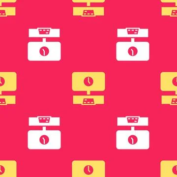 Yellow Smart Tv time icon isolated seamless pattern on red background Illustrazione stock