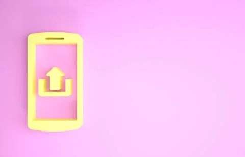 Yellow Smartphone with upload icon isolated on pink background. Minimalism co Illustrazione stock