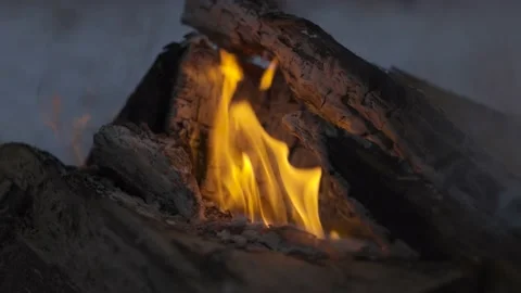 Yellow smoking flames burning in dark snowy forest firepit - close up shot Stock Footage 149274596