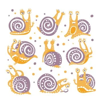 Yellow Snail With Purple Shell Different Poses Set Of Stylized Vector Flat Stock Illustration