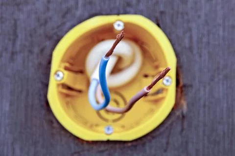 Yellow socket box for wall outlet, close-up. Foto stock