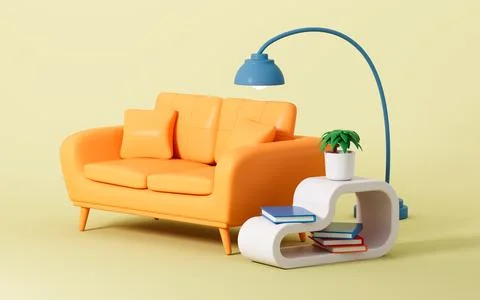 Yellow sofa and tea table, 3d rendering. Stock Illustration