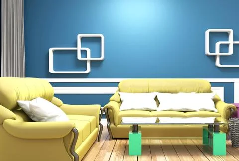 Yellow sofa on blue wall modern interior .3d rendering Stock Illustration