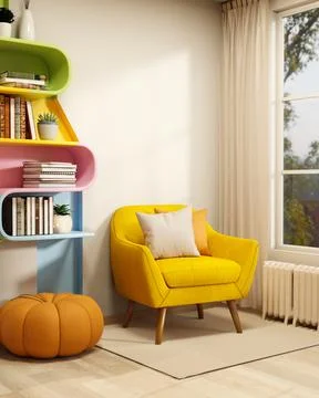 Yellow sofa chair aside pumpkin stool under colorful bookshelf on wall with.. Stock Illustration