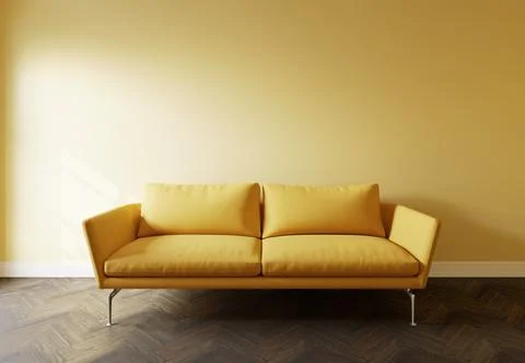 Yellow sofa in the interior, with free space on the wall. 3d rendering 스톡 일러스트