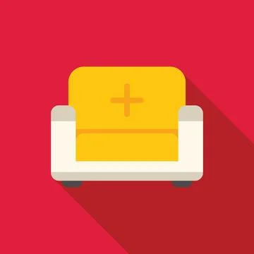 Yellow sofa with plus sign icon representing comfortable waiting room seating Stock Illustration