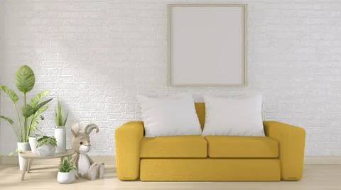 Yellow sofa on white brick wall on floor wooden minimal design.3D rendering Stock Illustration