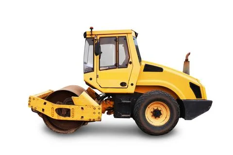 A yellow soil compactor with a large cylindrical drum. The machine is desig.. Stock Photos