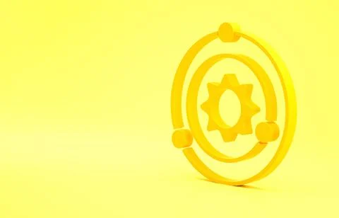 Yellow Solar system icon isolated on yellow background. The planets revolve a Stock Illustration