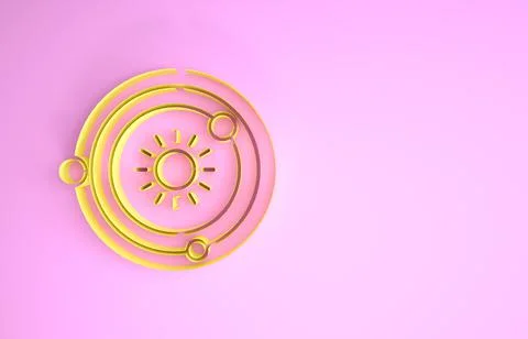 Yellow Solar system icon isolated on pink background. The planets revolve aro Stock Illustration