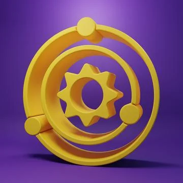 Yellow Solar system icon isolated on purple background. The planets revolve.. Stock Photos