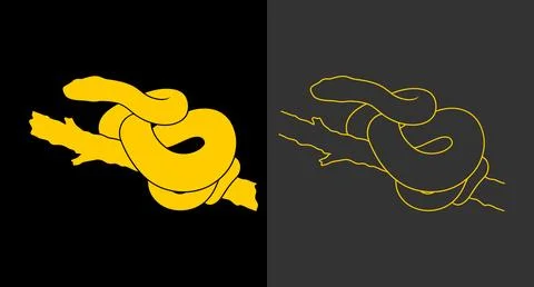 Yellow solid and outline illustration of a snake coiled on a branch Stock Illustration