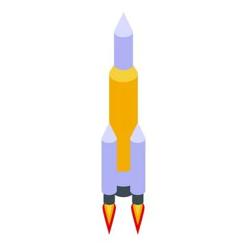 Yellow space rocket taking off with fire and smoke isometric view Stock Illustration