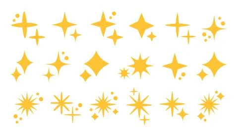 Yellow sparkles set, vector sparkling stars, shiny flashes of fireworks. Set of Stock Illustration