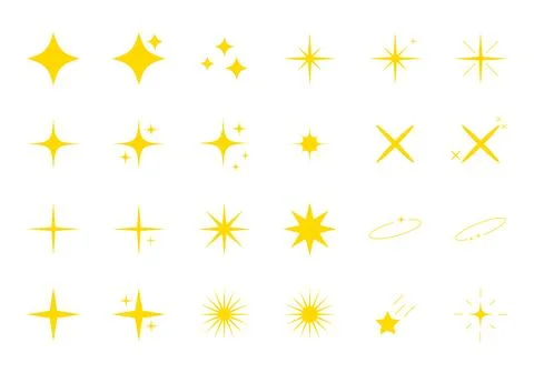 Yellow sparkles set, vector sparkling stars, shiny flashes of fireworks. Se.. Stock Illustration