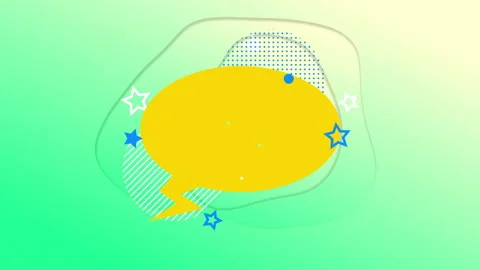 Yellow speech bubble floating among green blobs, blue dotted arc and white star Stock Footage 307462923