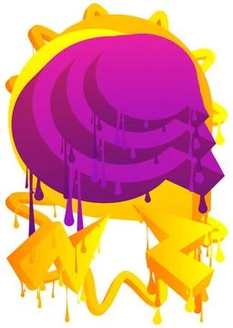 Yellow Speech Bubble Graffiti with purple elements isolated on white Backgr.. Illustrazione stock