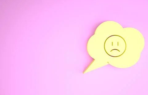 Yellow Speech bubble with sad smile icon isolated on pink background. Emotico Stock Illustration