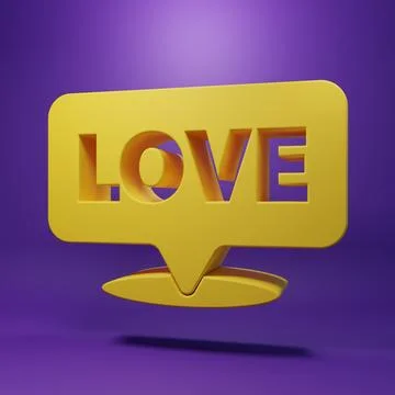 Yellow Speech bubble with text love icon isolated on purple background. Val.. Stock Photos
