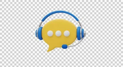 Yellow speech bubble with three dots wearing blue and silver headset with m.. Stock Illustration