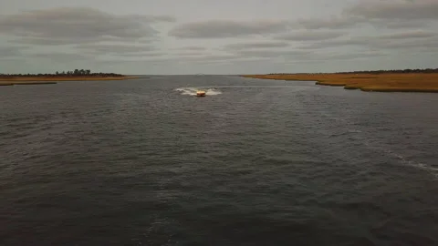 Yellow Speed Boat Drone Angle Stock Footage 148510241