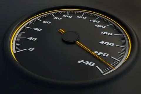 Yellow speedometer in car on dashboard. 3D rendered illustration. Stock Illustration