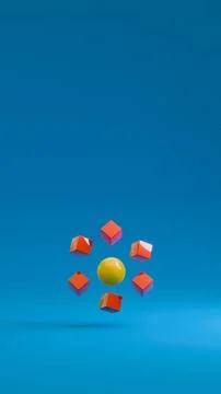 Yellow sphere and red cubes floating on blue background in abstract 3D rend.. Stock Photos