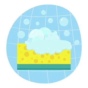 Yellow sponge with bubbles vector. Cleaning service concept. Icon. Stock Illustration