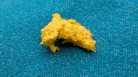 Yellow sponge fragment on a teal textured surface Stock Photos