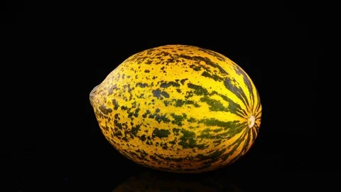 Yellow spotted melon, rotating on black background against the clock close up Stock-Footage 78347497